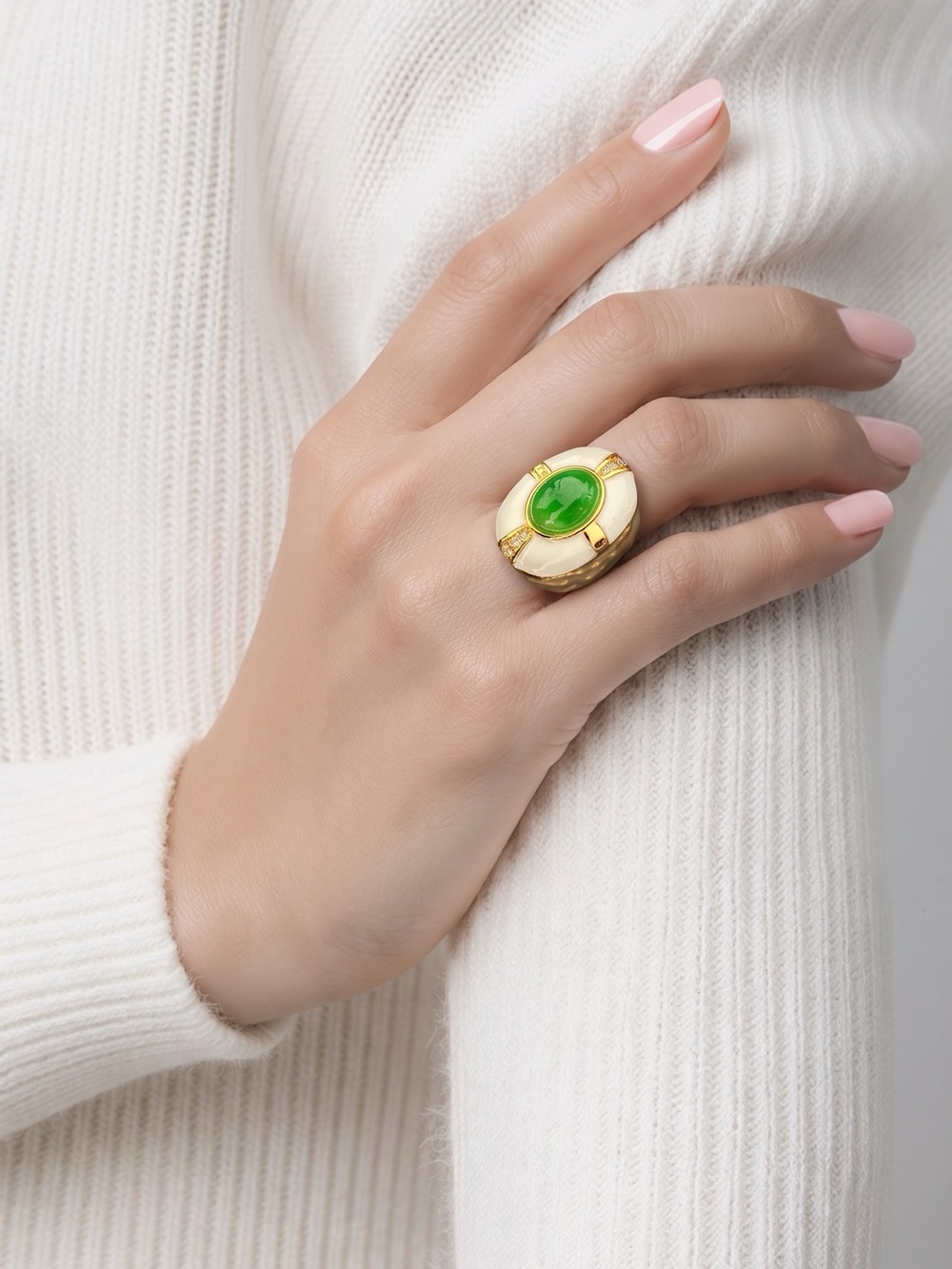 Catwalk Jon Gold Ring with Green Jade Stone and Cream Enamel - Women Jewelry